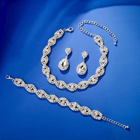 White Crystal Necklace Set CZ Cubic Rhinestone Necklace Bracelet Earrings Set - Picture 7 of 7